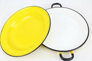 Set Of 2 Vintage Yellow Enamel Ware Plate And Pan With Handles 8 " Inch
