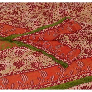 Sanskriti Vintage Cream Saree Pure Crepe Silk Printed Sari Craft 5 Yard Fabric