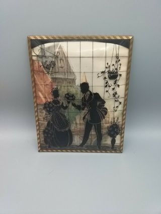 Vintage Convex Glass Reverse Silhouette Picture Victorian Couple