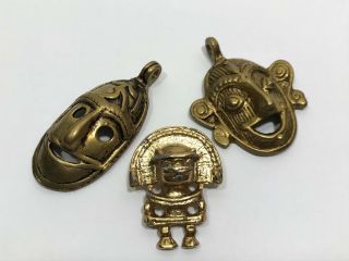 Vtg Pre - Columbian Mayan Style Man Figural Gold Tone Mask Head Necklace Pendants