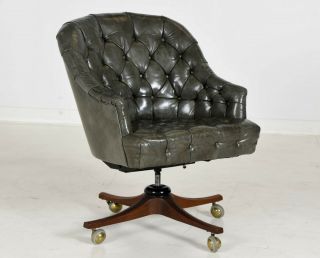 Dunbar Tufted Leather Desk Chair By Edward Wormley - On Wood Base With Casters
