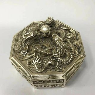 Old Chinese Tibetan Silver Copper Hand Carved Dragon Box W Qianlong Mark