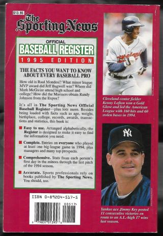 1995 Sporting News Baseball Register,  Bret Saberhagen (York Mets) cover NM 3