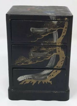 VINTAGE BLACK LACQUER/WOOD 3 DRAWER JEWELRY CHEST,  OCCUPIED JAPAN 3
