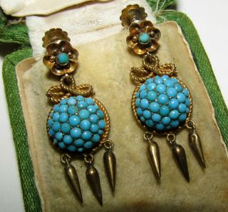 Exceptional,  Antique Early Victorian 9 Ct Gold Tassel Earrings With Turquoise