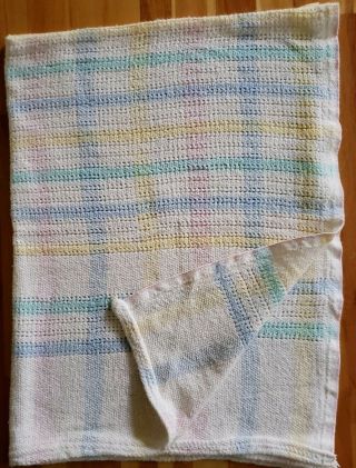 Vintage White w/ Pastel Plaid Baby Blanket Cotton Open Weave Woven USA 42”x 31 