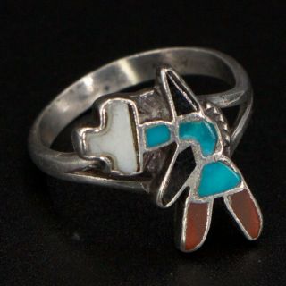 Vtg Sterling Silver Navajo Turquoise Onyx Mop & Coral Kachina Ring Size 6 - 2.  5g