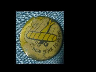 Antique Charles Lindbergh Airplane Pin Back Button Tin York To Paris 1927