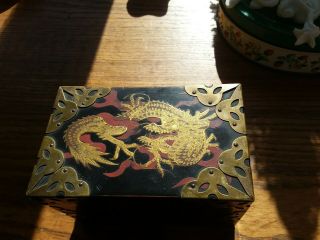 Vintage Antique Oriental Playing Card Box Stamped Made In Japan Black Red Brass