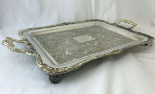 Antique Vtg Victorian Art Deco Silver Serving Tray Vanity Butler Handles,  Footed 2