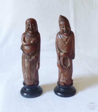Two Antique Late 19th Early 20th C Chinese Wooden Carved Figures Of Sages