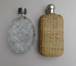 Two Vintage Antique Hip Flasks - One Cut Glass - One Straw Cased