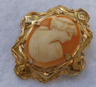 Vintage Carved Shell Cameo Brooch Pin Gold Tn Open Work Frame Setting 1 5/8
