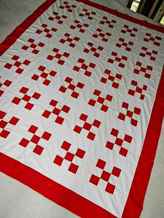 Antique/Vintage Quilt Top Christmas Red & White Nine Patch Cotton Very Good 2