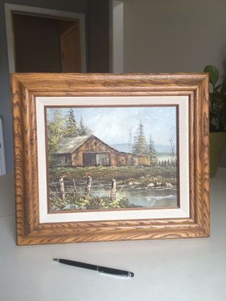 Vintage J.  Medina Signed Framed Barn & Stream Landscape Oil Painting 20 " X 16 "