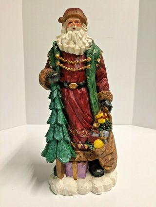 Vintage Folk Art Hand Carved Wood Santa Holding Christmas Tree And Presents 9 "