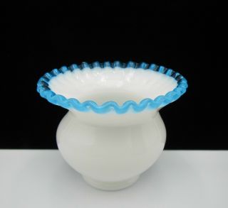 Vintage Fenton Crimped Aqua Blue Crest & Milk Glass Rose Bowl / Vase
