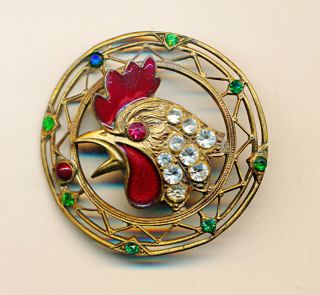 Gorgeous Vintage Pierced Metal Button With Rooster Head That Has Enamel & Pastes