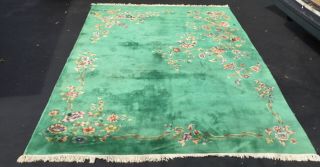 Antique Art Deco Chinese Rug Nichols Lovely Green W/ Colorful Florals 8’x11’