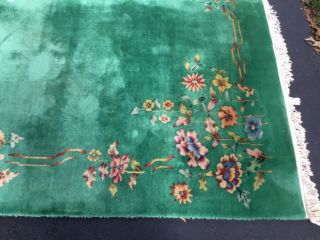 Antique Art Deco Chinese Rug Nichols Lovely Green w/ Colorful Florals 8’x11’ 2
