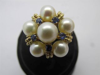 Vintage 14k Solid Yellow Gold Natural Pearl And Blue Sapphire Ring Sz 5.  5