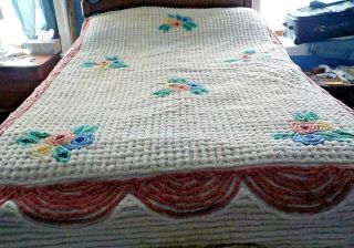 Vintage White Cotton Chenille Bedspread W Flowers 86 " X 98 "