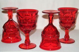 Very Fine Vintage Set (4) Hfm Fostoria " Argus " Ruby Red Water/it Goblets All Ex