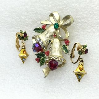 Vintage Christmas Bell Brooch Pin Clip On Earrings Set Rhinestone Enamel Jewelry