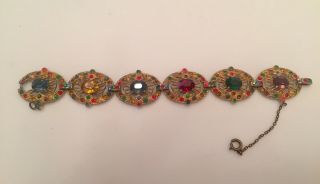 Vtg/antique Large Medallion Multi - Colored Rhinestone Bracelet