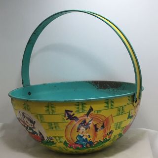Vintage J Chein Tin Litho Round Basket Pail Bucket Nursery Rhymes Circa 1950s
