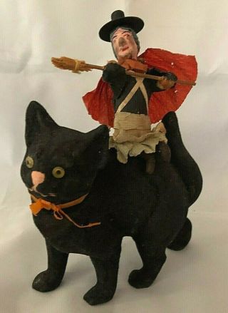 Large 7” Antique German Black Cat Candy Container W/witch Rider Halloween