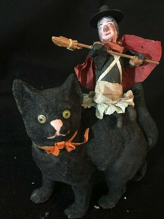 LARGE 7” ANTIQUE GERMAN BLACK CAT CANDY CONTAINER W/WITCH RIDER HALLOWEEN 2