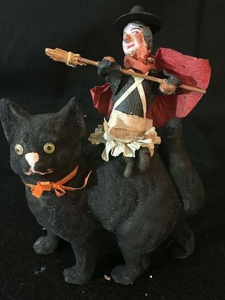 LARGE 7” ANTIQUE GERMAN BLACK CAT CANDY CONTAINER W/WITCH RIDER HALLOWEEN 3