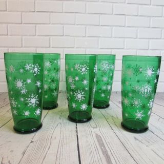Vintage Drinking Glasses Dark Green Snowflake Pattern 5 Winter Holiday Tumblers