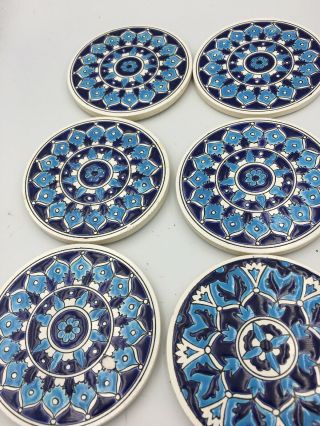 Vintage Greek Round Ceramic Hand Painted Coasters Set Of Six Blue White Circle