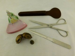 Vintage German Henckels Set Scissors Bavarian Lady Pin Tray Brass Walnut Thimble