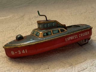 Vintage Bandai Tin Wind Up Toy Boat Friction Litho B - 341 Express Cruiser Japan