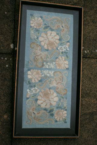 Antique Chinese Silk Embroidery Flowers Picture Wall Hanging - Framed & Glazed