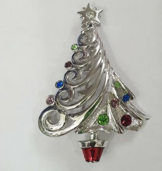 Vintage Silver Tone Crystal Enamel Christopher Radko Christmas Tree Brooch Pin