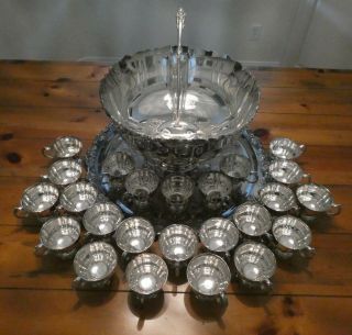 Wallace Baroque Silverplate Punch Bowl,  Tray,  Ladle And 24 Cups.