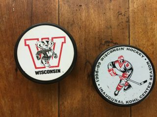 Uw University Of Wisconsin Souvenir Hockey Pucks; 1998 - 1999; Set Of Two
