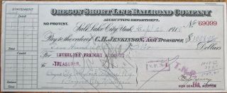 Oregon Short Line Railroad Company 1918 Bank Check - Salt Lake City,  Utah Ut