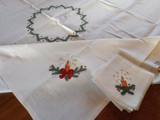 Russian Christmas Old White Linen Hand Embroidered Linen Tablecloth 6 Napkins