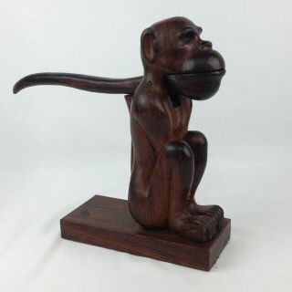 Vintage Wooden Nutcracker Monkey With Tail Hand Carved Dark Wood Home Decor 11 "