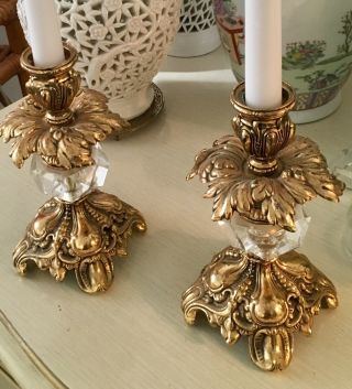 2 Vintage Hollywood Regency Candle Stick Holders Gold Metal Crystal 8”