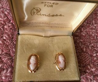Vintage Shell Victorian Lady Floral Cameo Gold Filled Clip On Earrings Orig Box