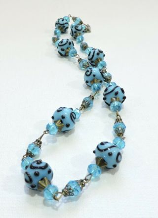 Vintage Turquoise Blue W Black Swirls Lampwork Art Glass Bead Necklace No19286