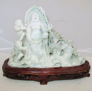 7.  55 " Chinese Carved White & Green Jadeite Jade Buddha & Children Statue & Stand