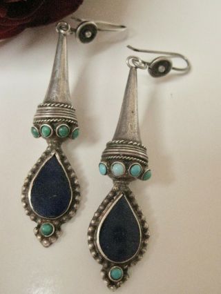 Vintage Navajo Sterling Silver Tear Drop Lapis &turquoise Hook Earrings 9grams