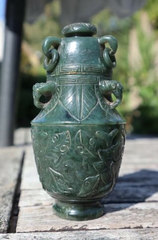 Chinese Spinach Jade Vase And Cover Late Qing Dynasty Ruyi Head Handles